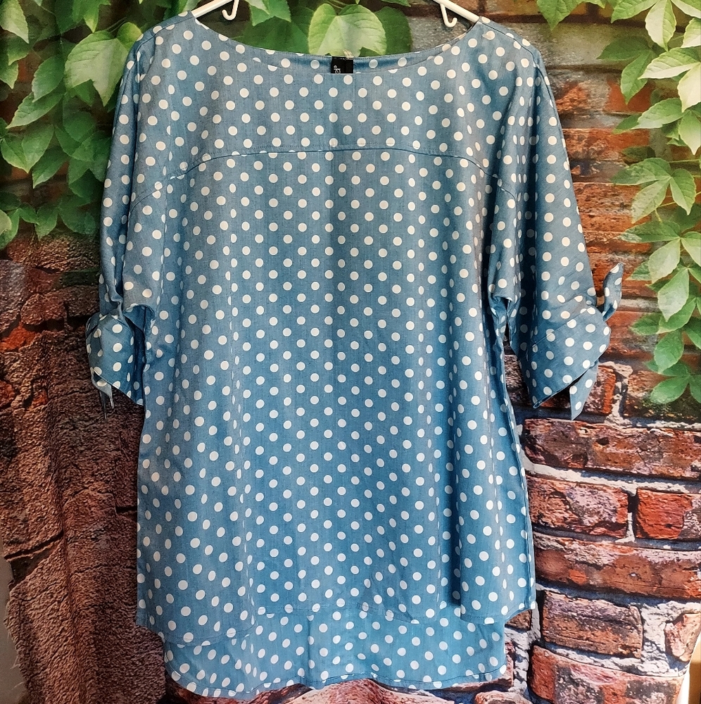 Blue White Polka Dot 3/4 Tie Sleeve Oversized Blouse